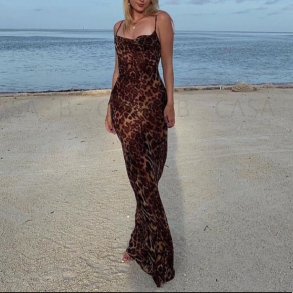 5⭐️CASA B |Vivianne Leopard Print Draped Open Back Sheer Maxi Dress - Picture 5 of 7